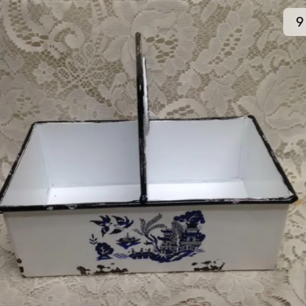 Blue Willow, White Enamelware Small Caddy  8.5in x 7in x 5.5in.