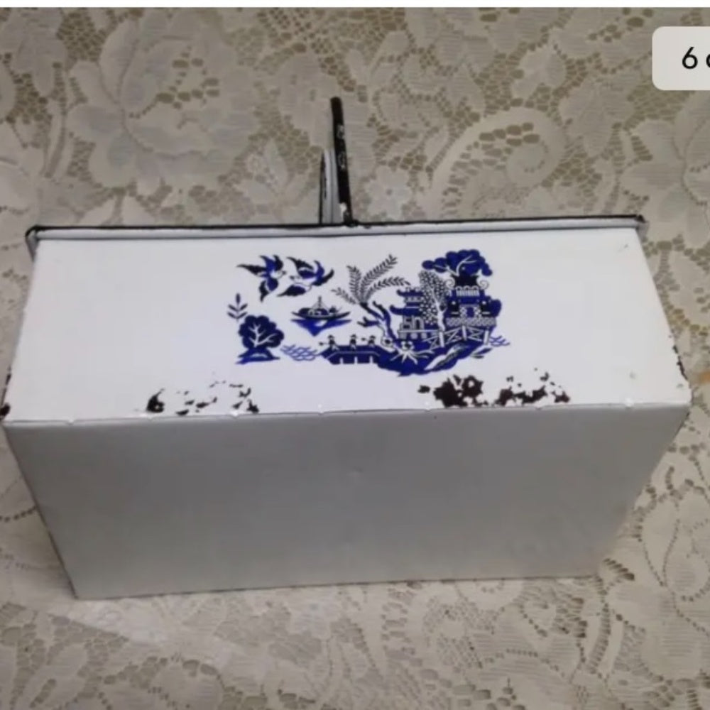 Blue Willow, White Enamelware Small Caddy  8.5in x 7in x 5.5in.