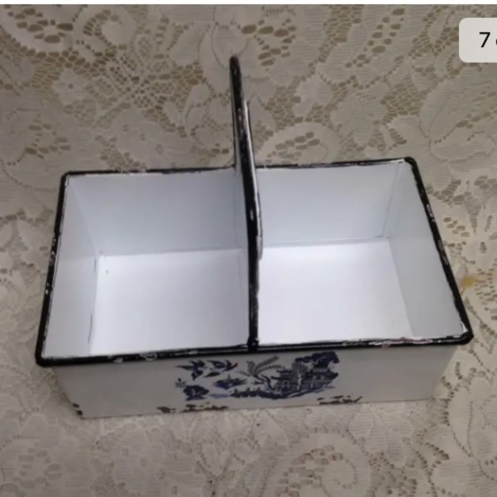 Blue Willow, White Enamelware Small Caddy  8.5in x 7in x 5.5in.