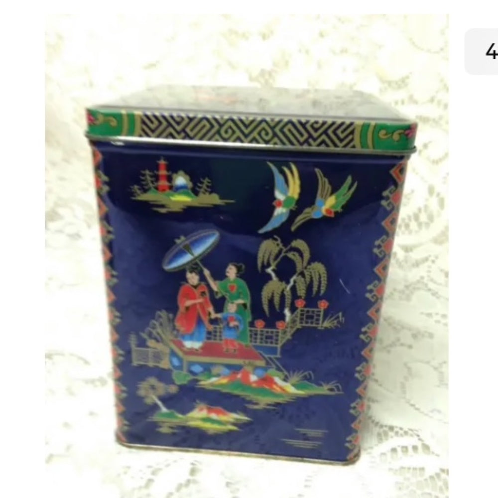 Vintage, Rare, England Variant Gaudy Willow Coasters in Hinged Tin Box 6in x 4in