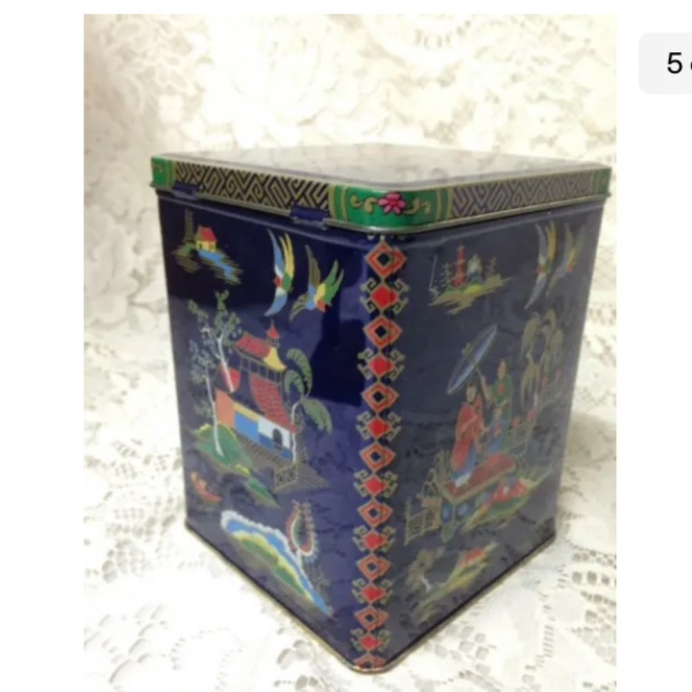 Vintage, Rare, England Variant Gaudy Willow Coasters in Hinged Tin Box 6in x 4in