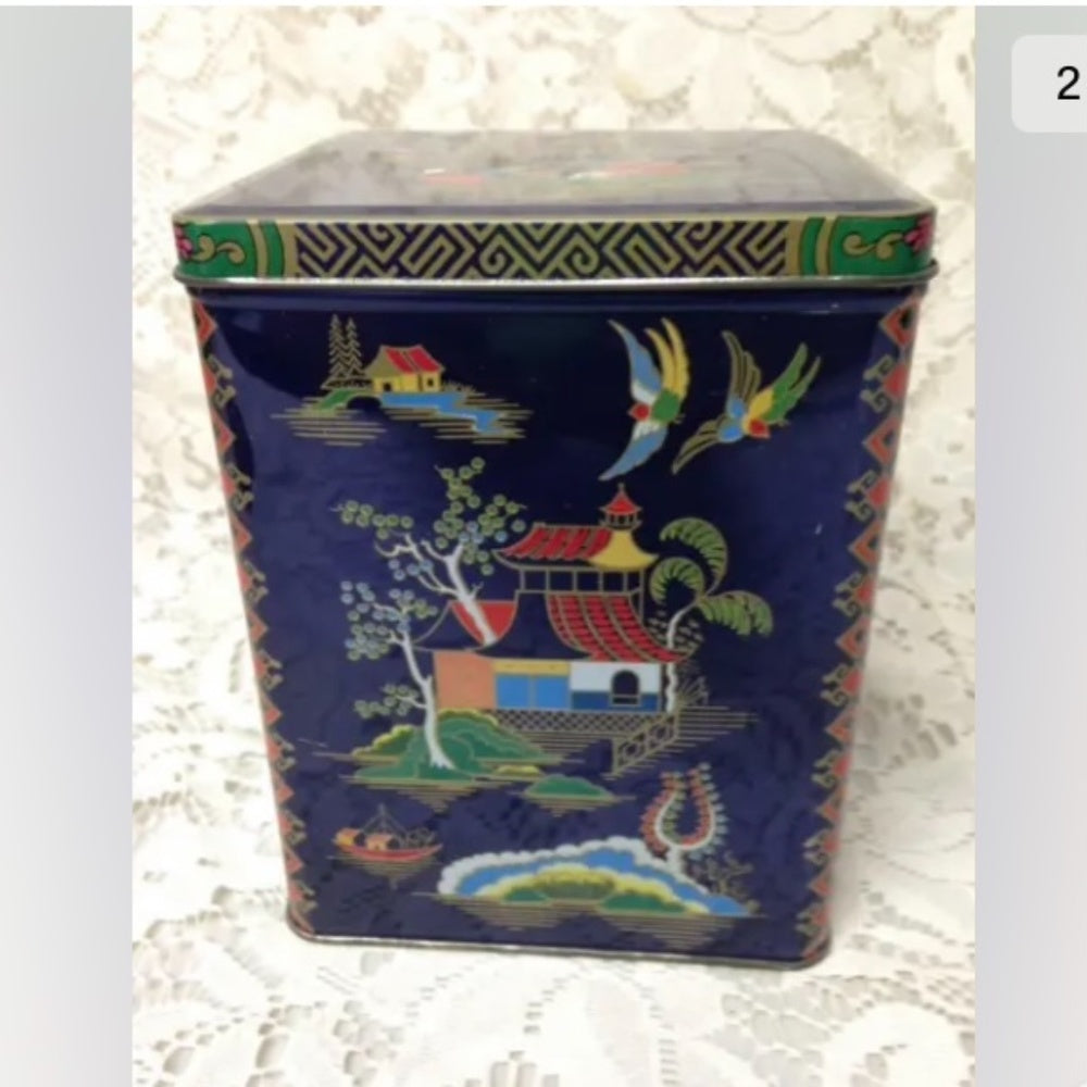 Vintage, Rare, England Variant Gaudy Willow Coasters in Hinged Tin Box 6in x 4in