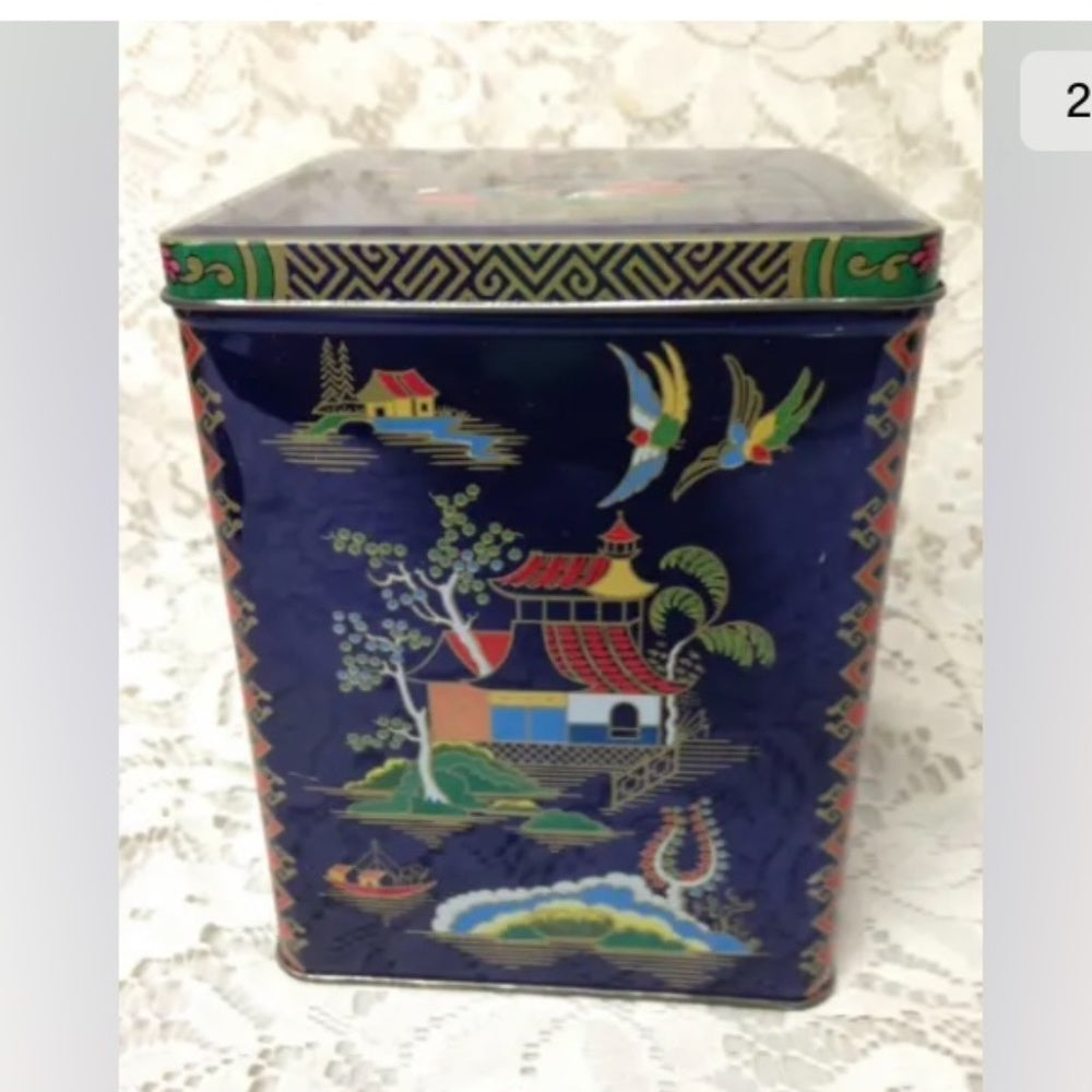 Vintage, Rare, England Variant Gaudy Willow Coasters in Hinged Tin Box 6in x 4in