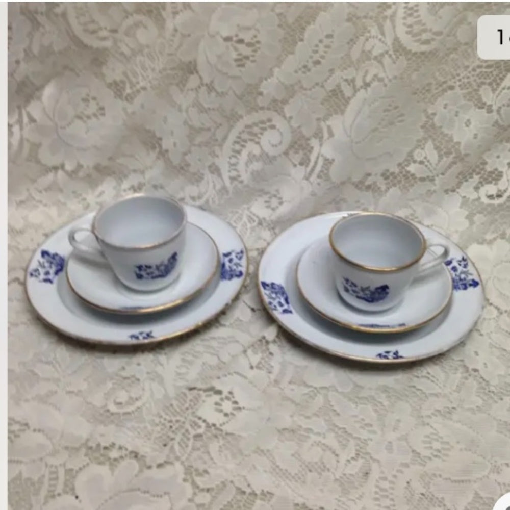 Vintage, 6pc Blue Enamel Trio Tea Set- Cup, Saucer and Breadplate