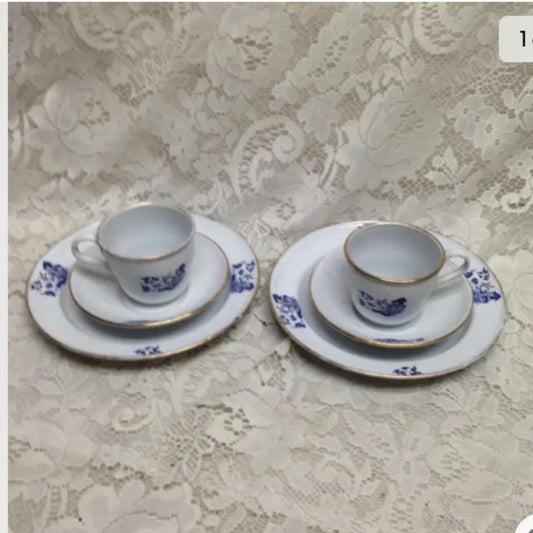 Vintage, 6pc Blue Enamel Trio Tea Set- Cup, Saucer and Breadplate