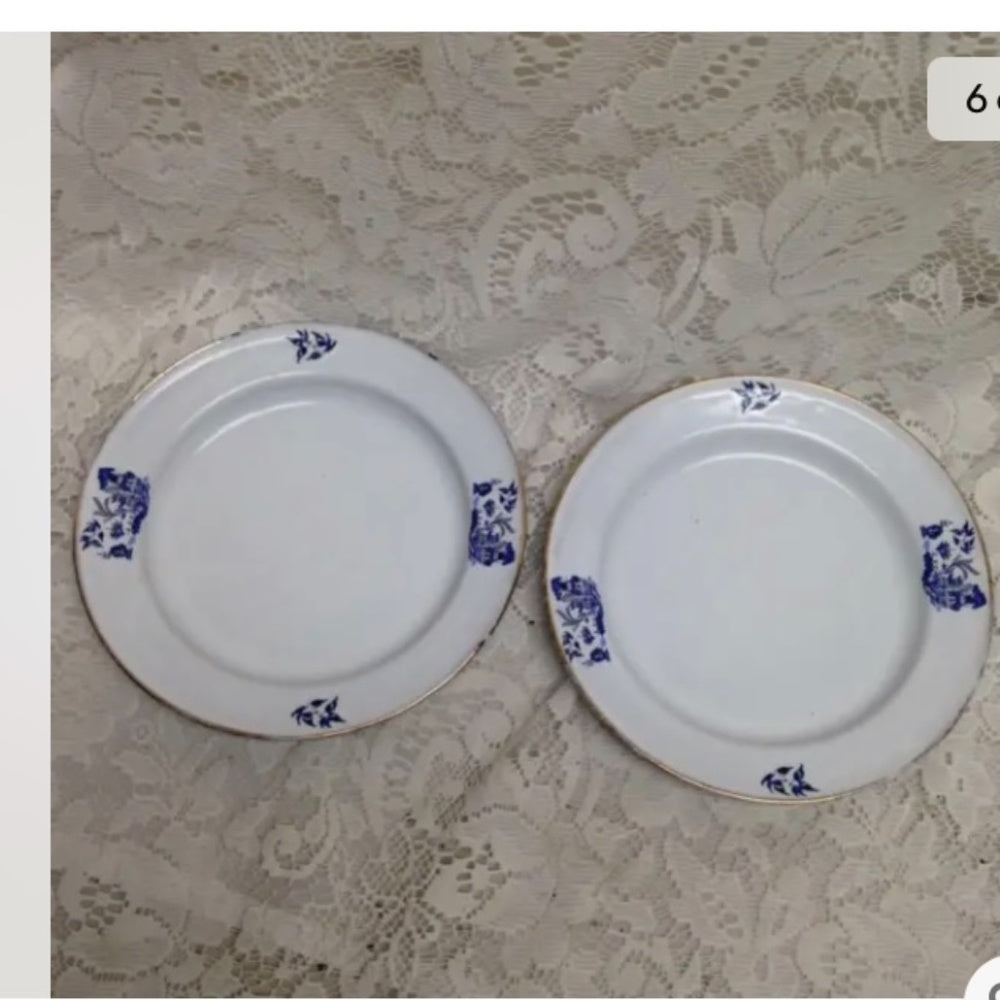 Vintage, 6pc Blue Enamel Trio Tea Set- Cup, Saucer and Breadplate