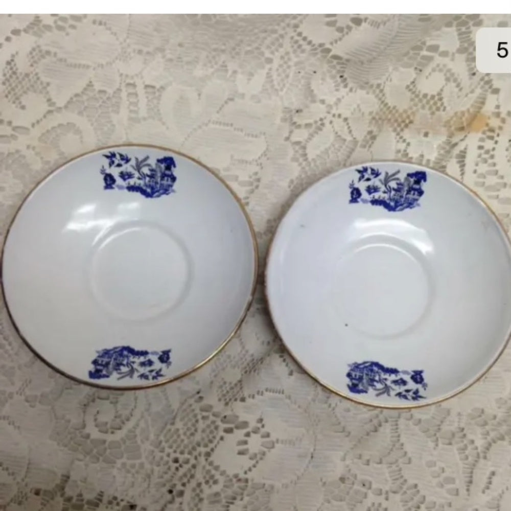Vintage, 6pc Blue Enamel Trio Tea Set- Cup, Saucer and Breadplate