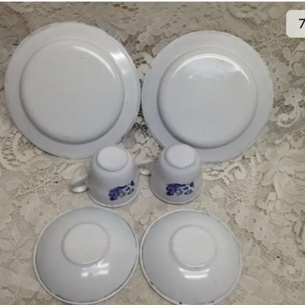 Vintage, 6pc Blue Enamel Trio Tea Set- Cup, Saucer and Breadplate