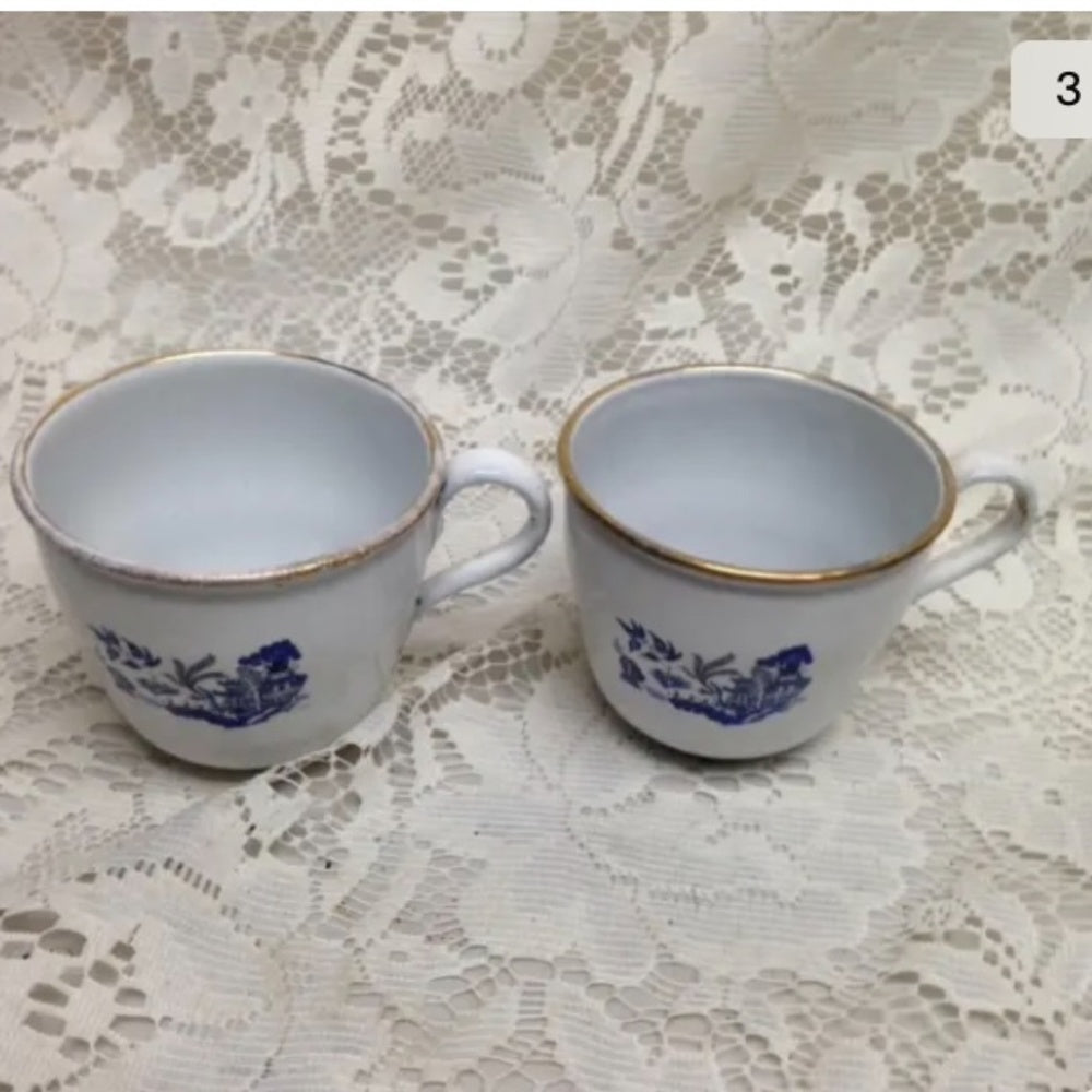 Vintage, 6pc Blue Enamel Trio Tea Set- Cup, Saucer and Breadplate