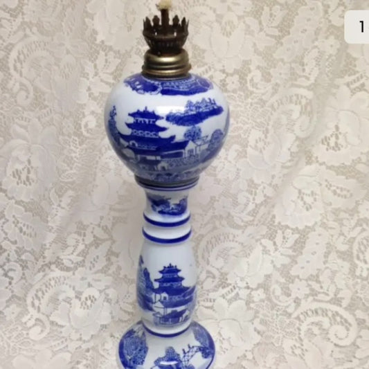 Ironstone, Rare, 16in T Variant, Blue Willow Oil Lamp (No Chimney)