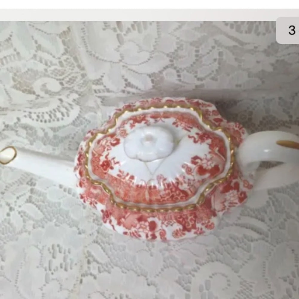 Antique, Spode-Copeland, England, Orange Red- Blue Willow  Demitasse Teapot