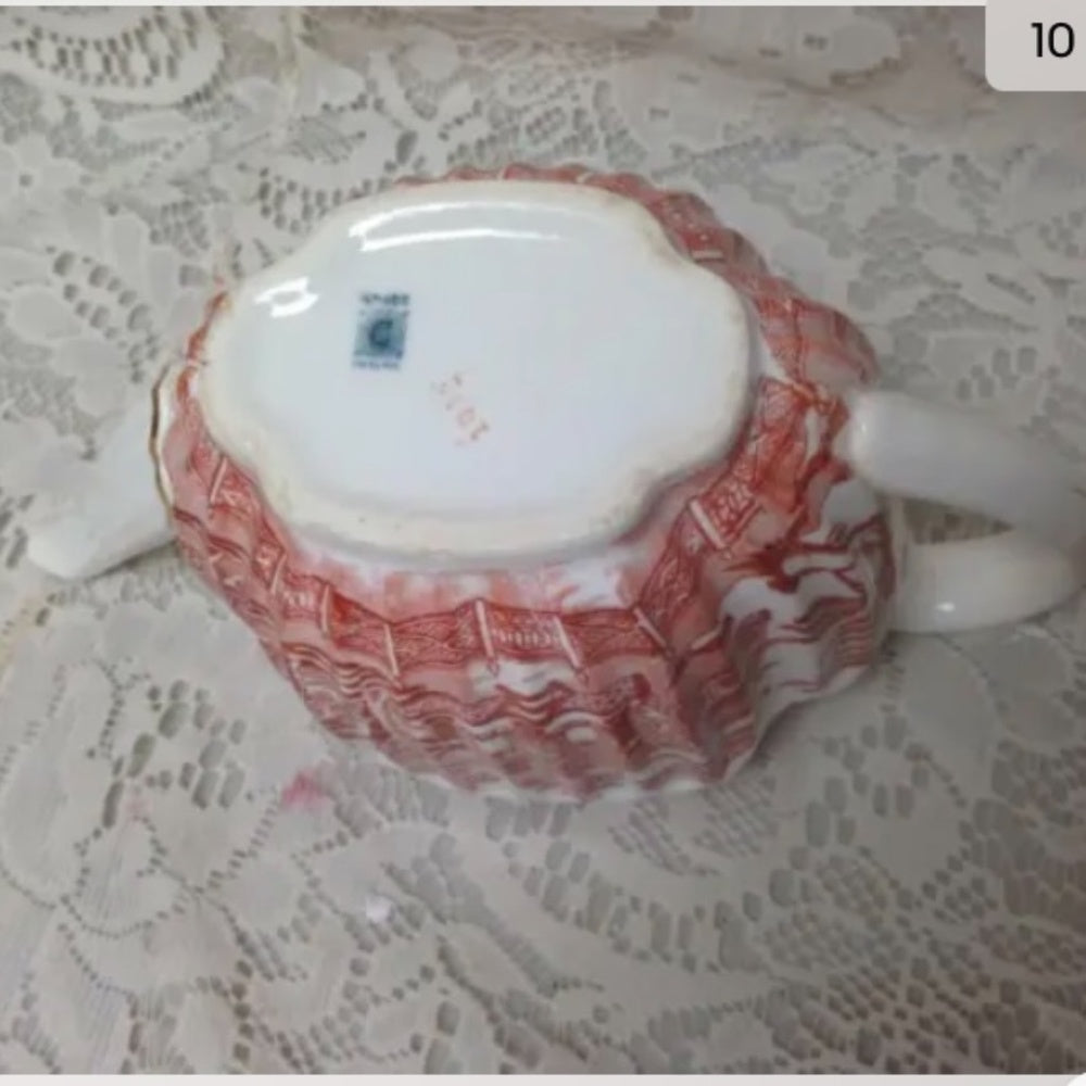 Antique, Spode-Copeland, England, Orange Red- Blue Willow  Demitasse Teapot