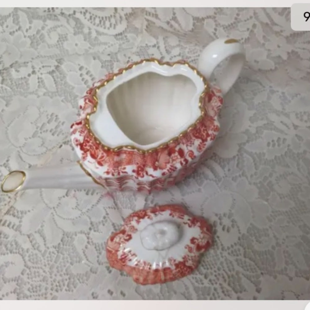 Antique, Spode-Copeland, England, Orange Red- Blue Willow  Demitasse Teapot
