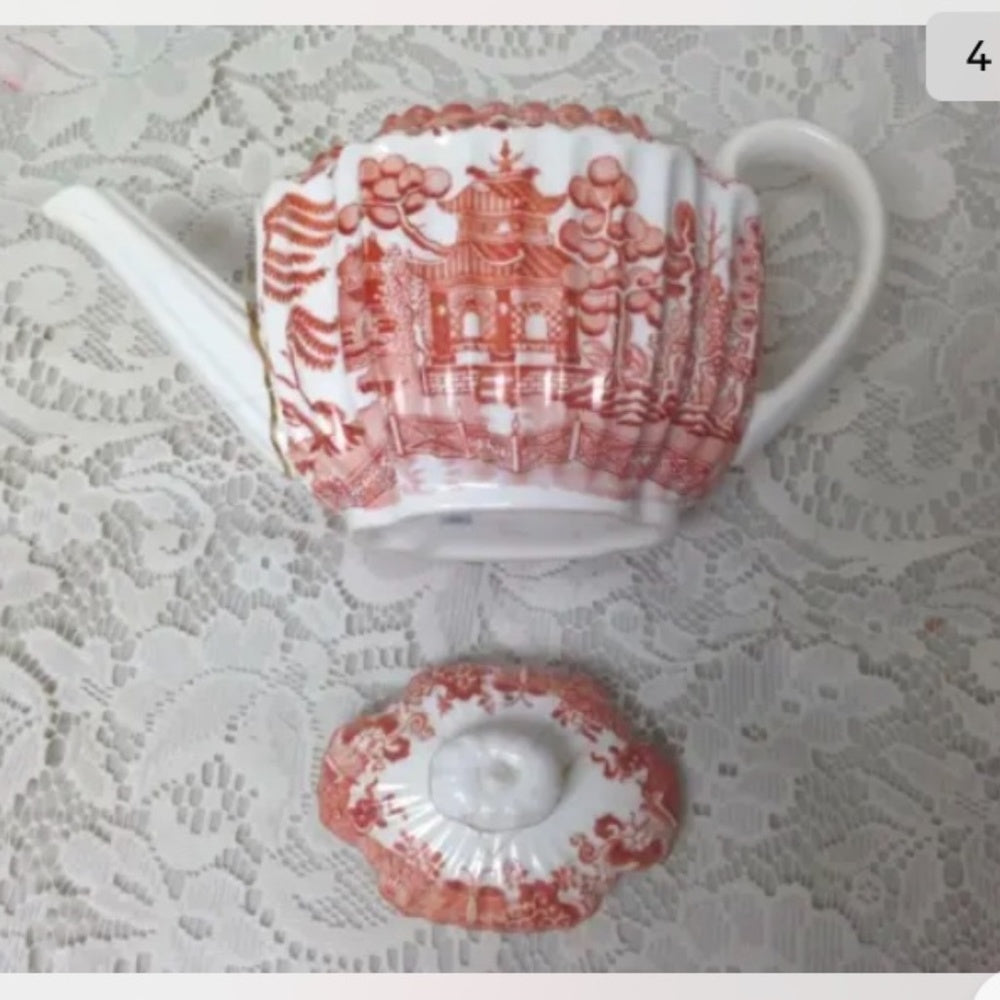Antique, Spode-Copeland, England, Orange Red- Blue Willow  Demitasse Teapot