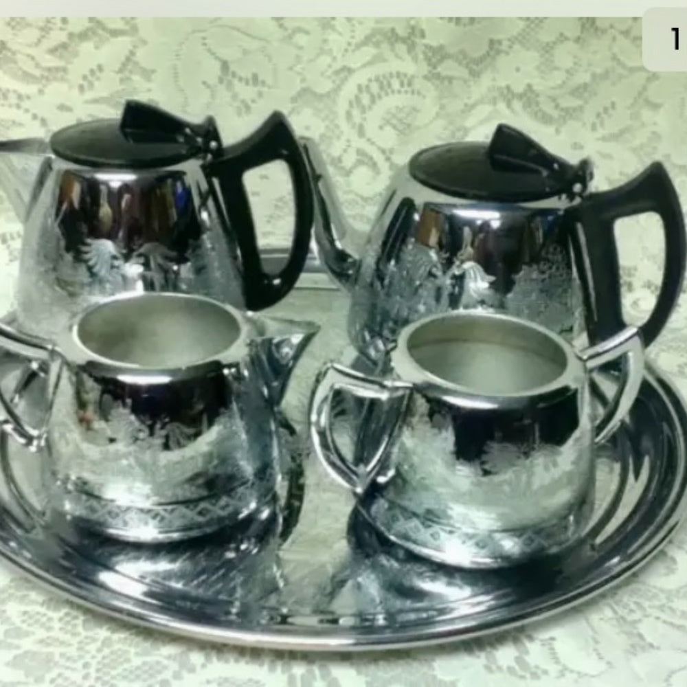 Vintage, Rare, England, Willoware, Swan Brand, 5-pc Chrome Coffee and Tea Set