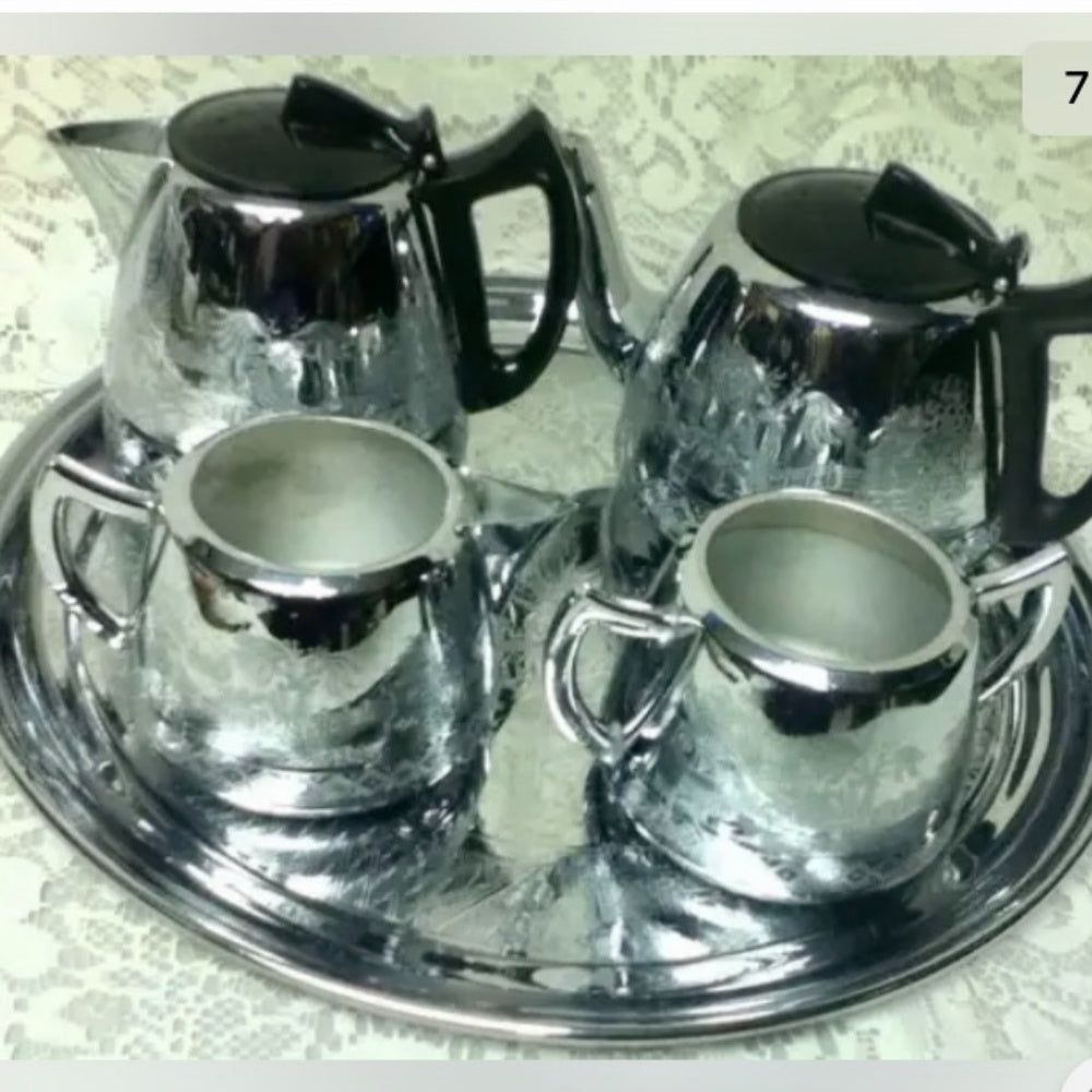 Vintage, Rare, England, Willoware, Swan Brand, 5-pc Chrome Coffee and Tea Set