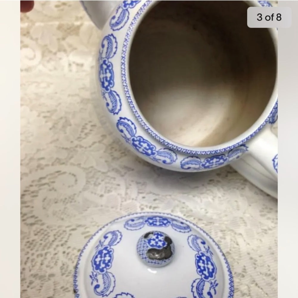 Antique,Rare, Blue Willow Enamelware Teapot or Tea Kettle 10in W x 7.5in H