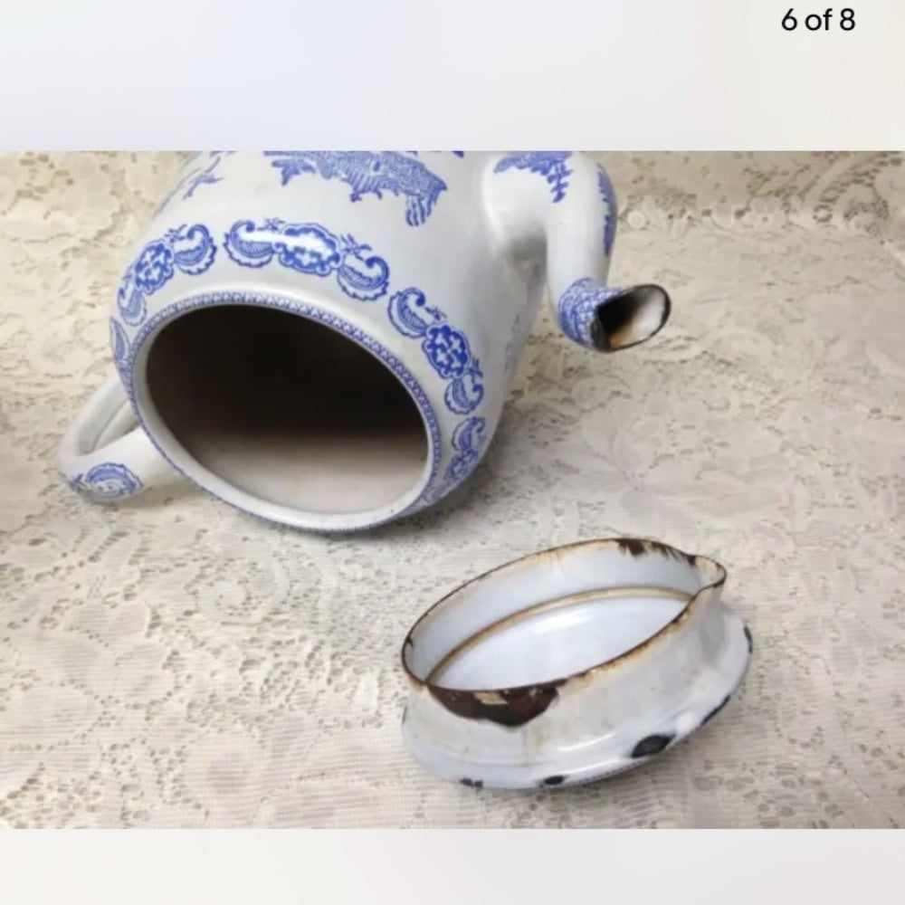 Antique,Rare, Blue Willow Enamelware Teapot or Tea Kettle 10in W x 7.5in H