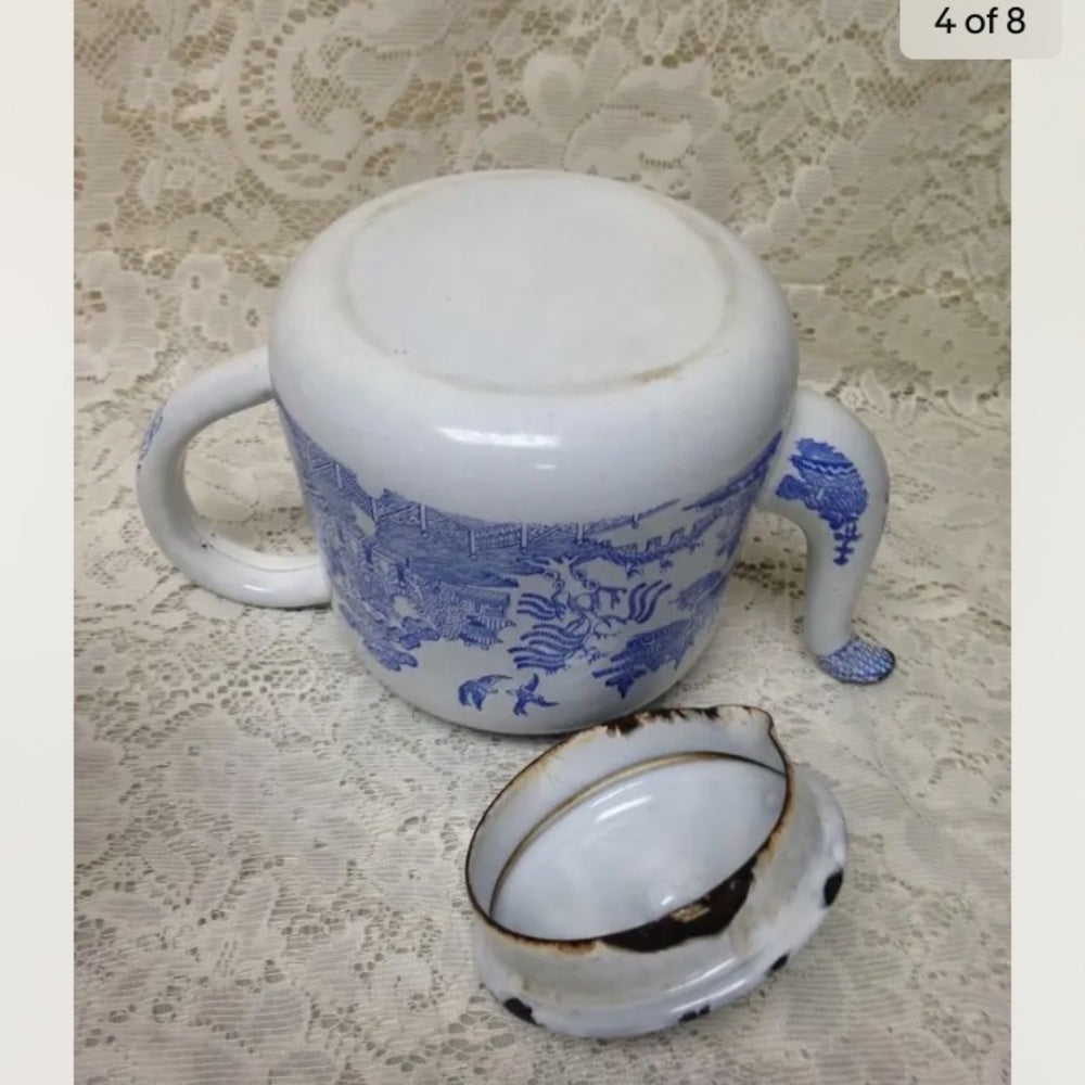 Antique,Rare, Blue Willow Enamelware Teapot or Tea Kettle 10in W x 7.5in H