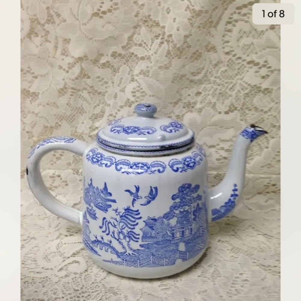 Antique,Rare, Blue Willow Enamelware Teapot or Tea Kettle 10in W x 7.5in H