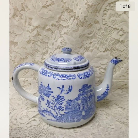 Antique,Rare, Blue Willow Enamelware Teapot or Tea Kettle 10in W x 7.5in H