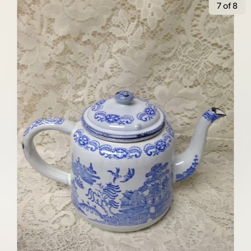 Antique,Rare, Blue Willow Enamelware Teapot or Tea Kettle 10in W x 7.5in H