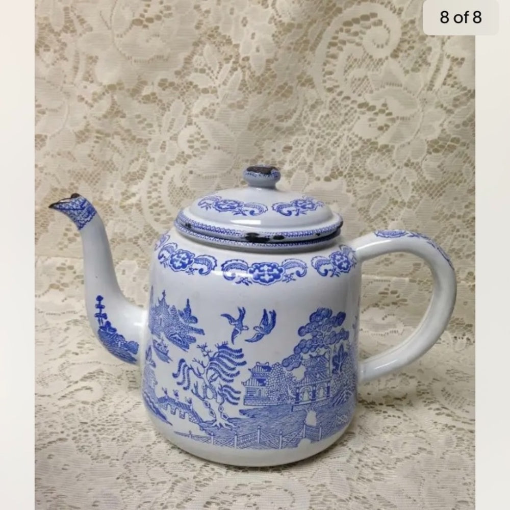 Antique,Rare, Blue Willow Enamelware Teapot or Tea Kettle 10in W x 7.5in H
