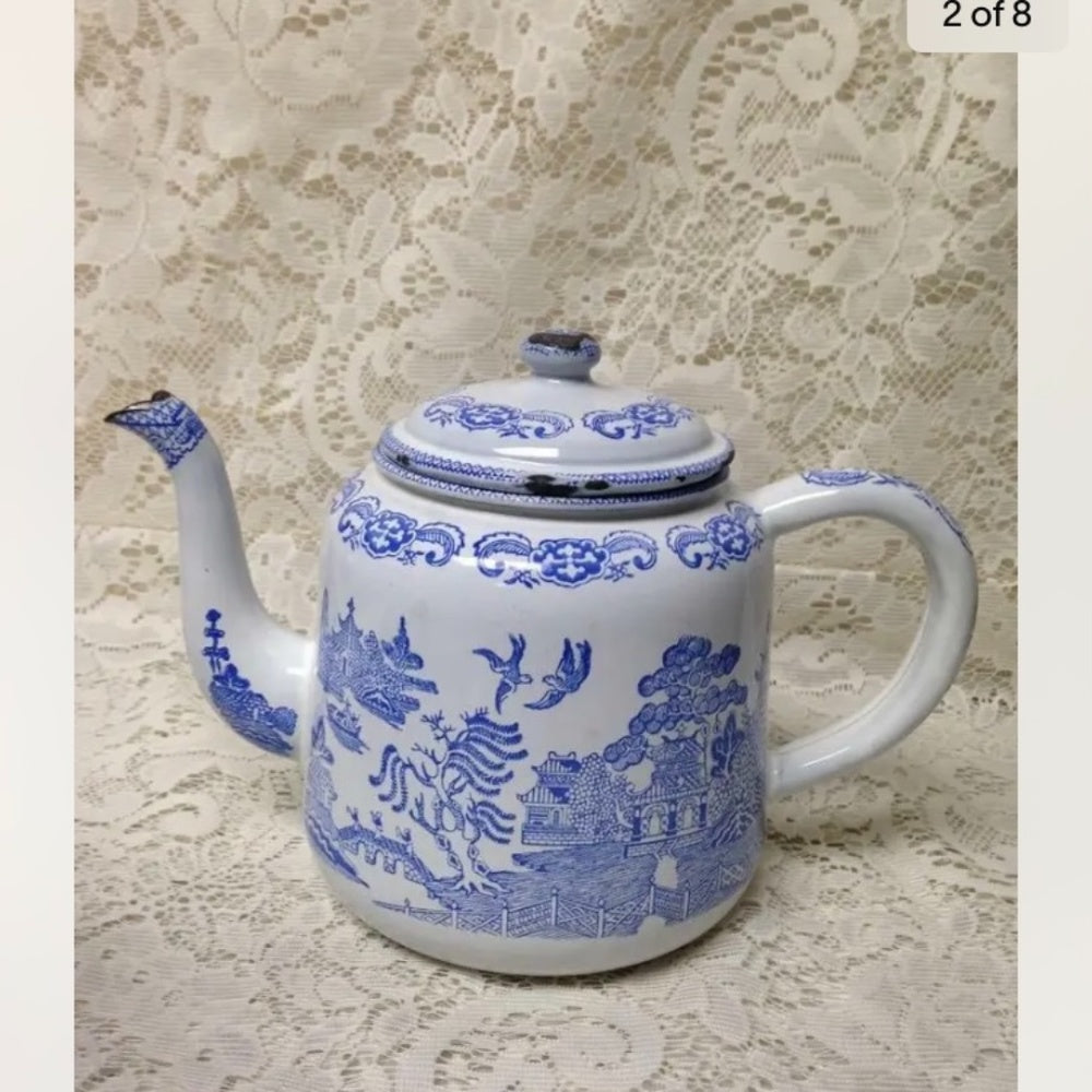 Antique,Rare, Blue Willow Enamelware Teapot or Tea Kettle 10in W x 7.5in H