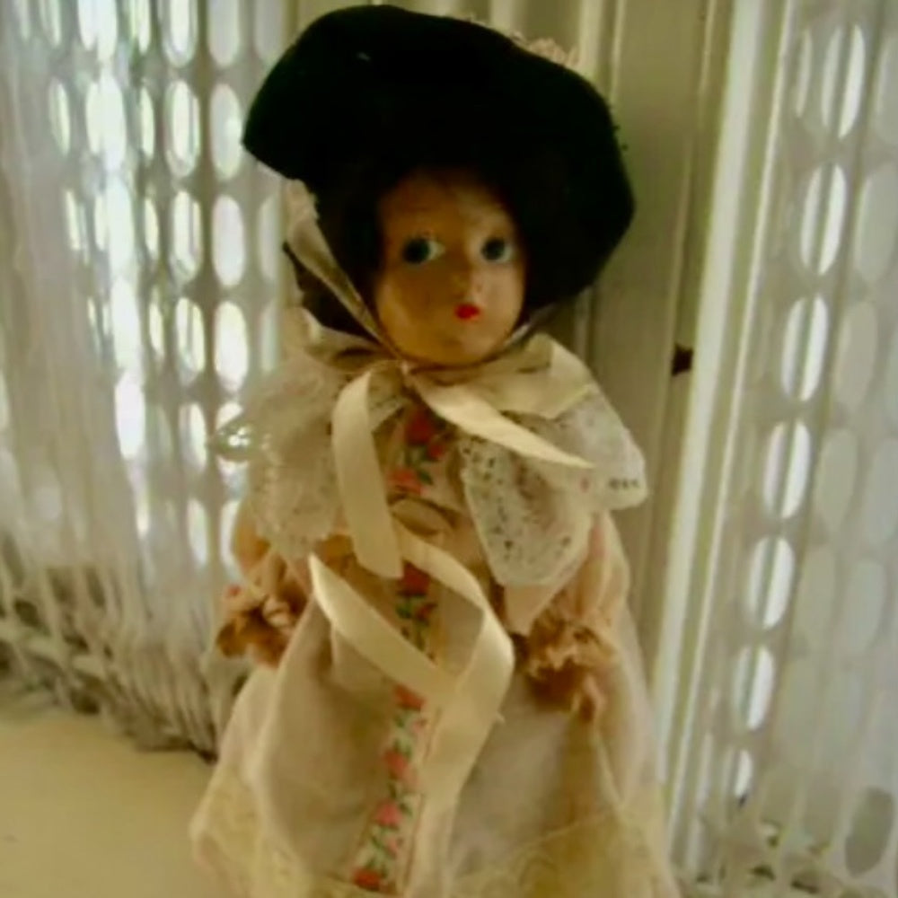 1920-30s 11-Inch Composition  Doll in Pink Gown and Black Hat