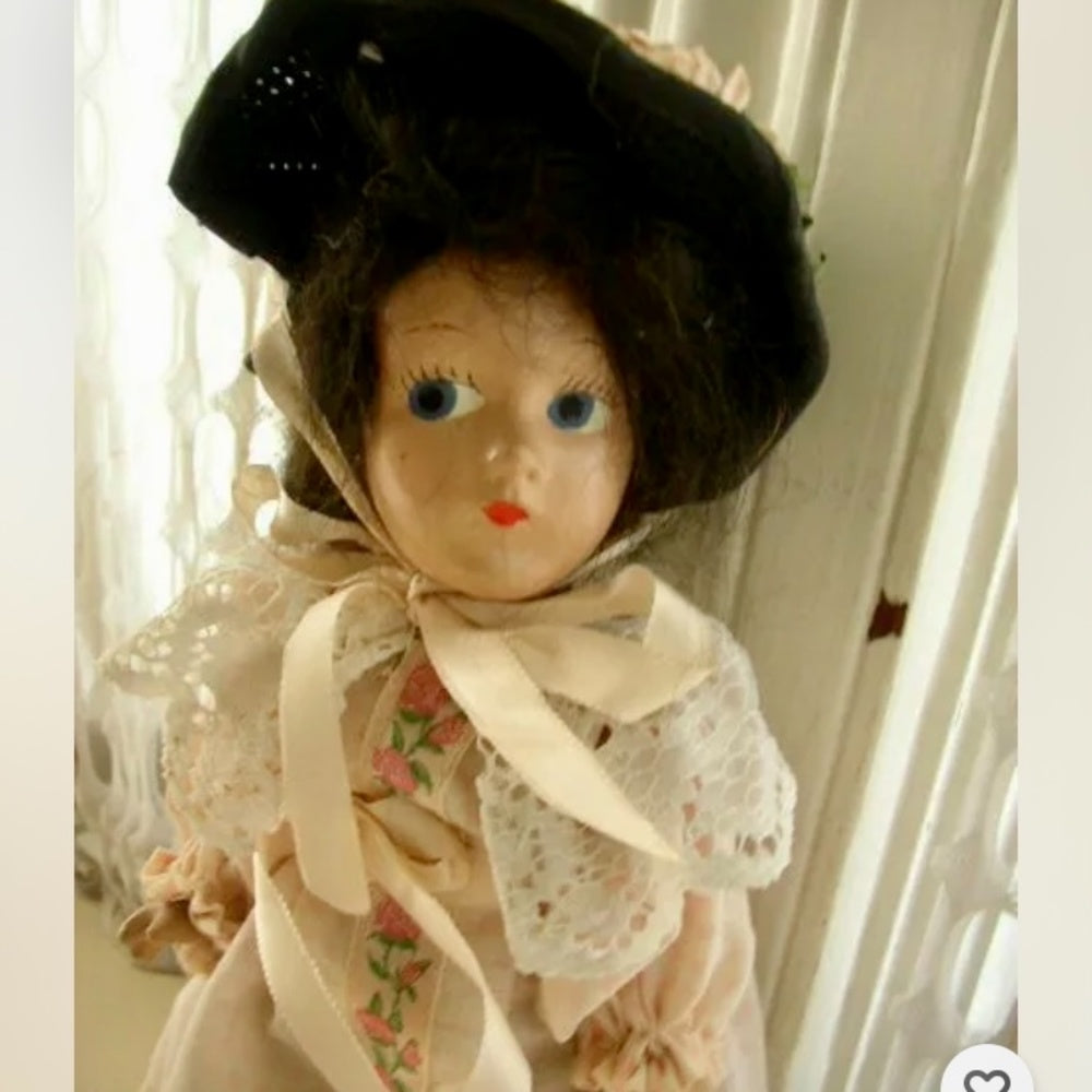 1920-30s 11-Inch Composition  Doll in Pink Gown and Black Hat