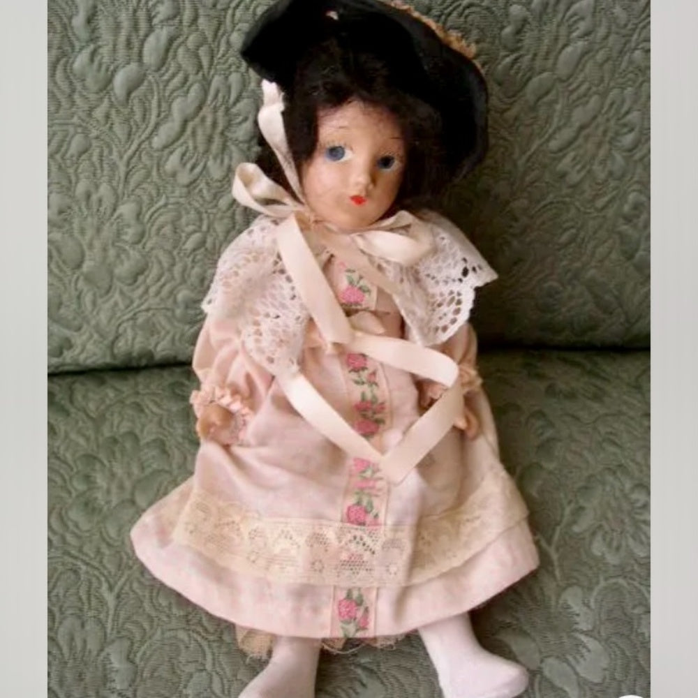 1920-30s 11-Inch Composition  Doll in Pink Gown and Black Hat
