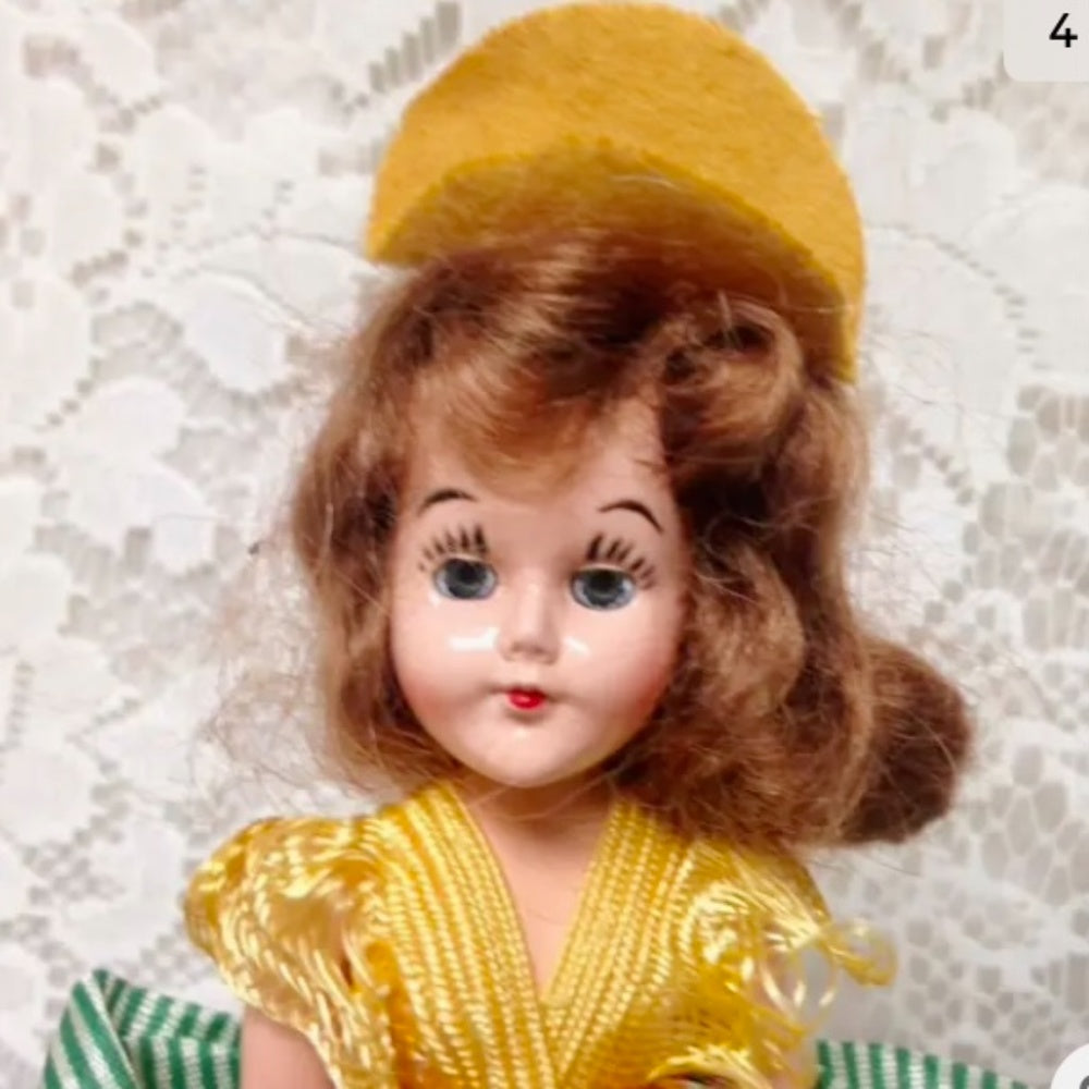 Vintage, Rare, 1950s 8in Plastic, Brunette Doll in Yellow and Green Dress