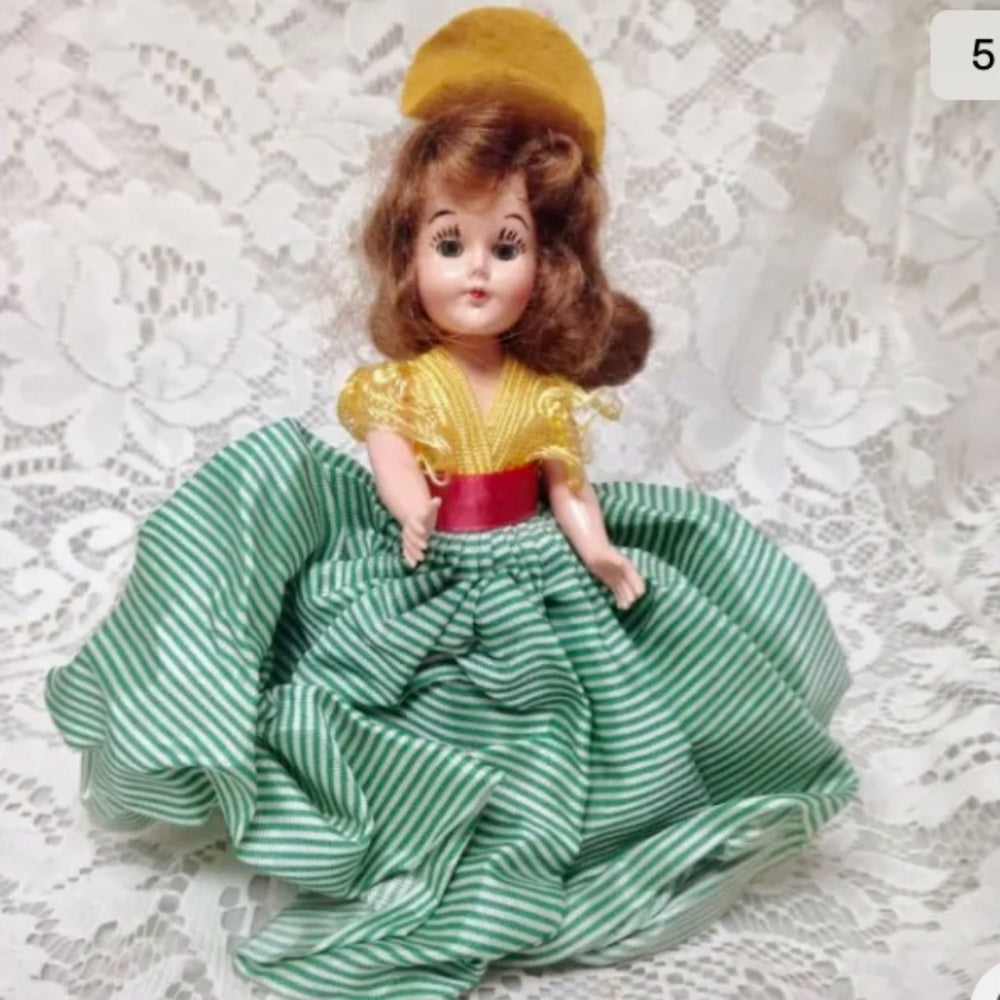 Vintage, Rare, 1950s 8in Plastic, Brunette Doll in Yellow and Green Dress