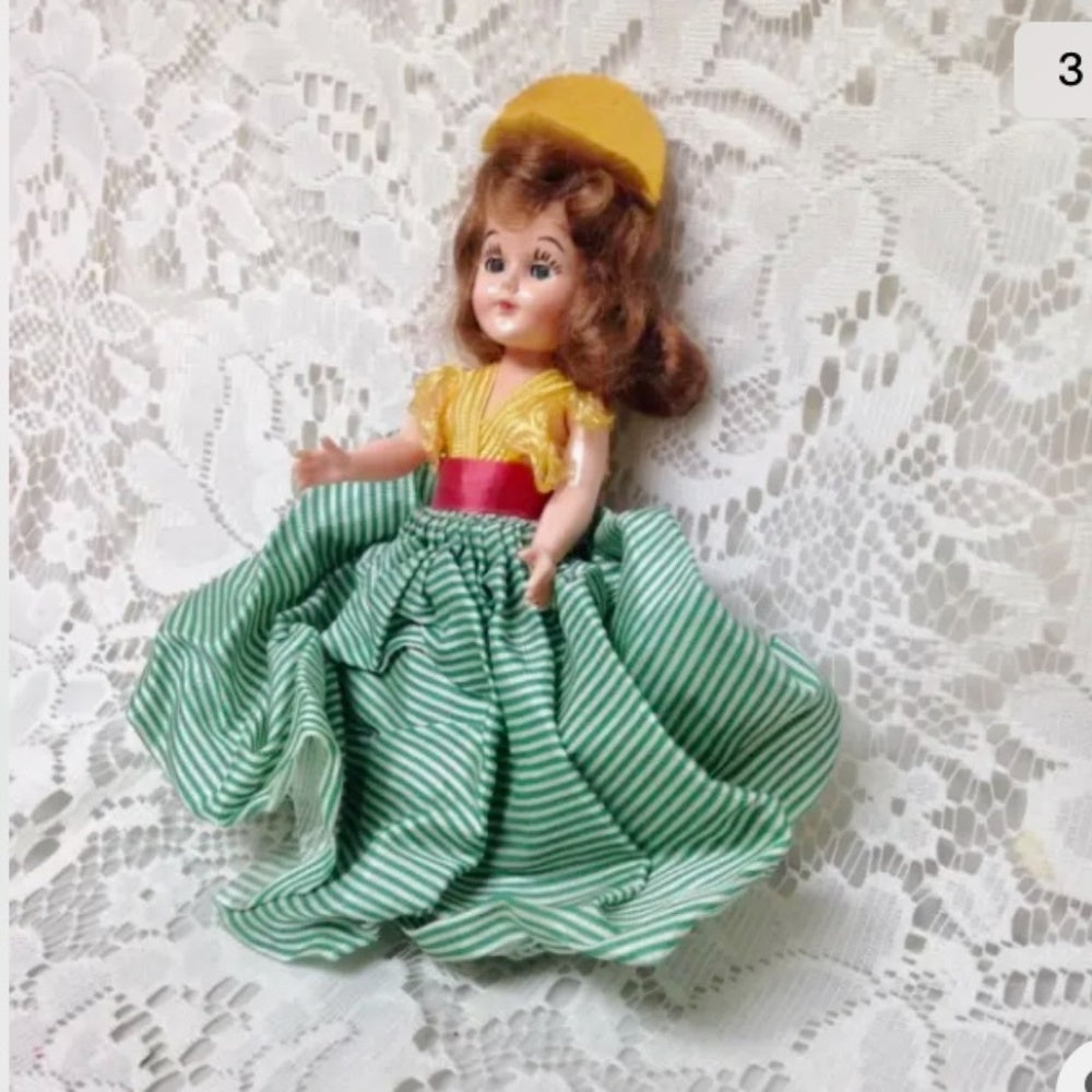 Vintage, Rare, 1950s 8in Plastic, Brunette Doll in Yellow and Green Dress