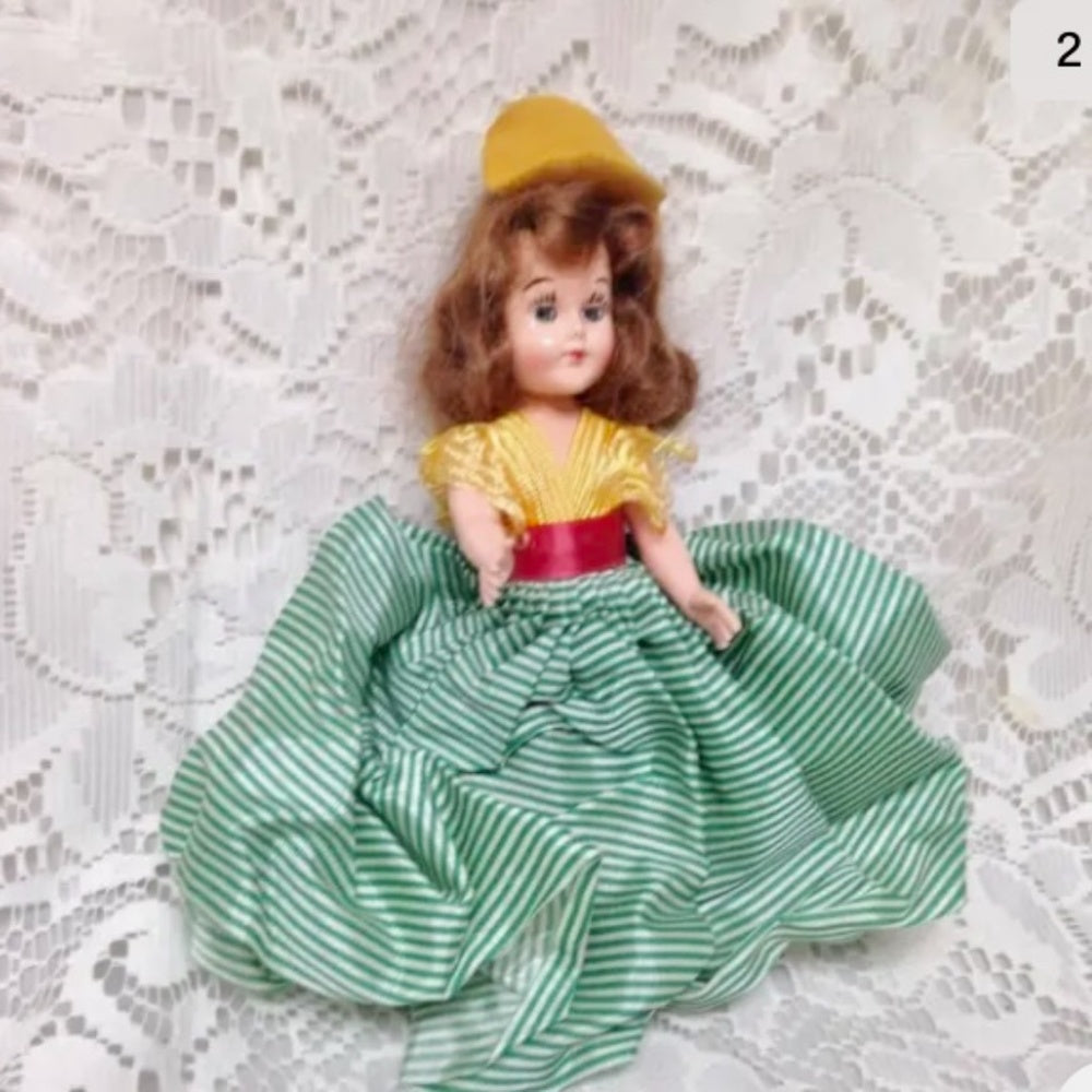 Vintage, Rare, 1950s 8in Plastic, Brunette Doll in Yellow and Green Dress