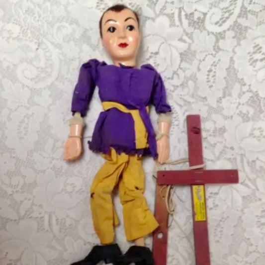 Vintage, Hazelles, 14in Man Plastic- Wooden Marionette Doll