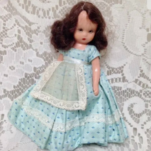 Vintage1940-50s 5.5in Nancy Ann Story Book Doll in Blue Printed Dress and Apron