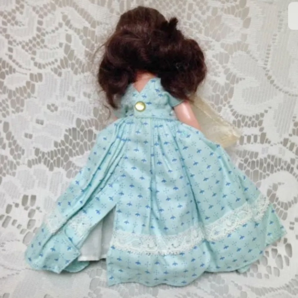 Vintage1940-50s 5.5in Nancy Ann Story Book Doll in Blue Printed Dress and Apron