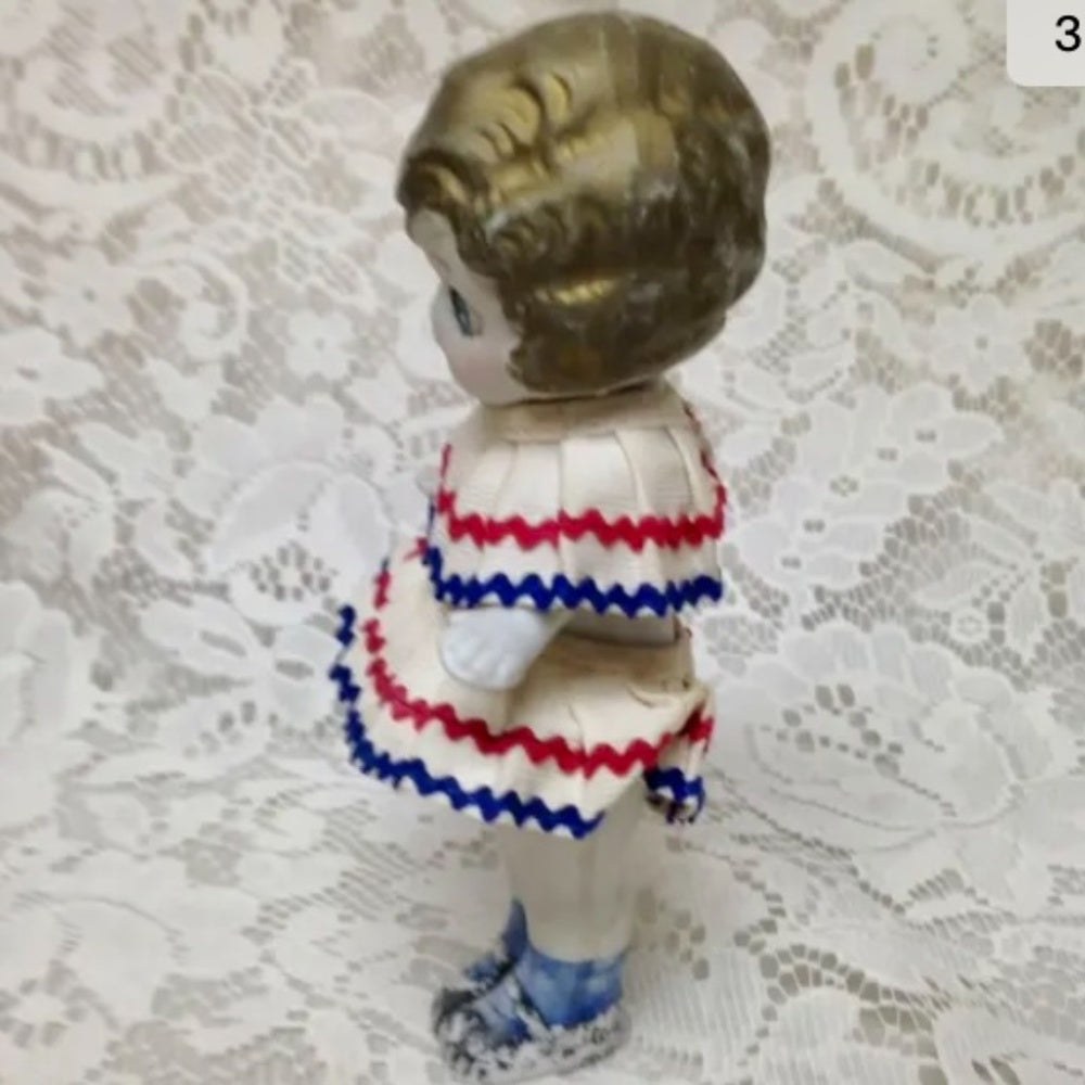 Antique, Made in Japan 6.25in Bisque Googly-eyed Doll in Red, White n Blue Dres