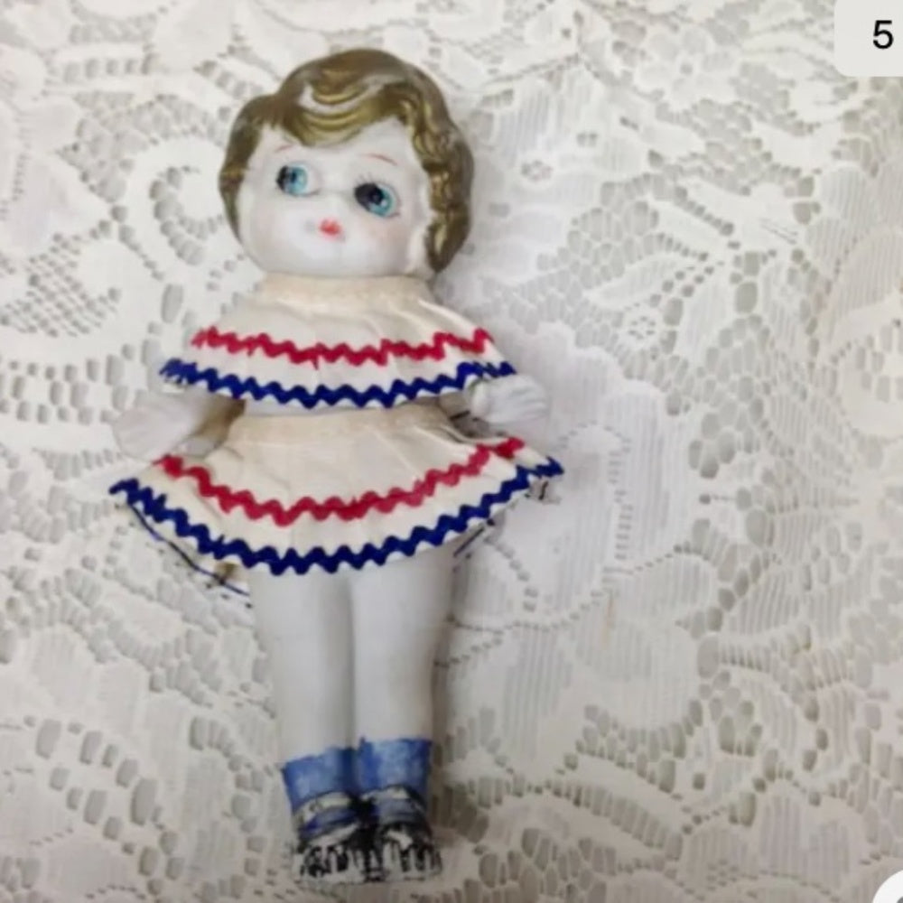 Antique, Made in Japan 6.25in Bisque Googly-eyed Doll in Red, White n Blue Dres