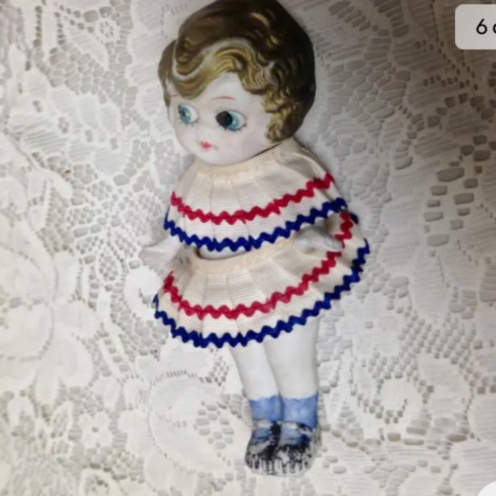Antique, Made in Japan 6.25in Bisque Googly-eyed Doll in Red, White n Blue Dres