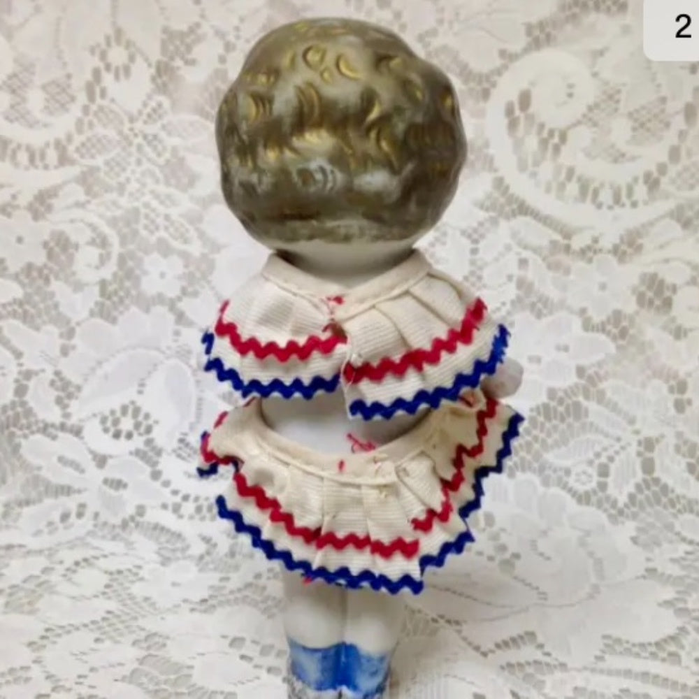 Antique, Made in Japan 6.25in Bisque Googly-eyed Doll in Red, White n Blue Dres