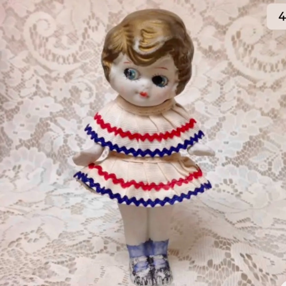 Antique, Made in Japan 6.25in Bisque Googly-eyed Doll in Red, White n Blue Dres