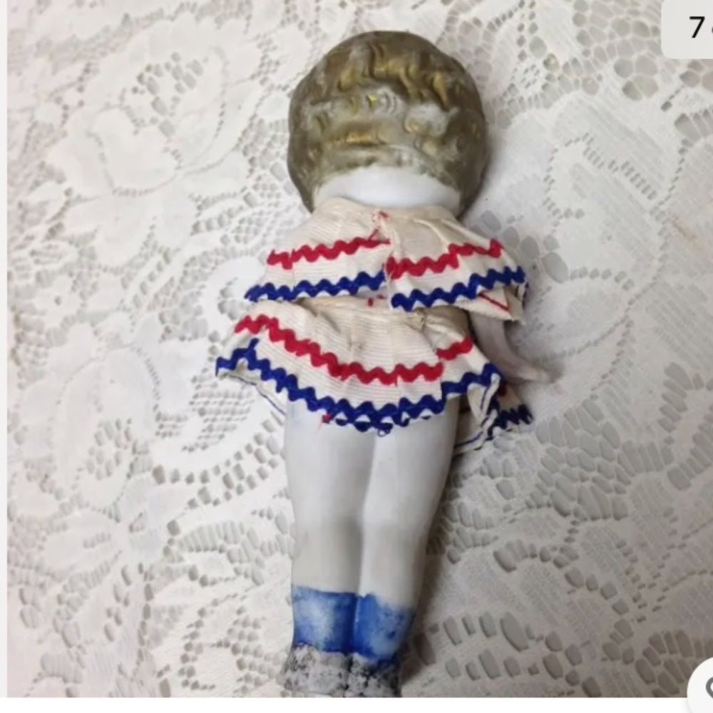 Antique, Made in Japan 6.25in Bisque Googly-eyed Doll in Red, White n Blue Dres