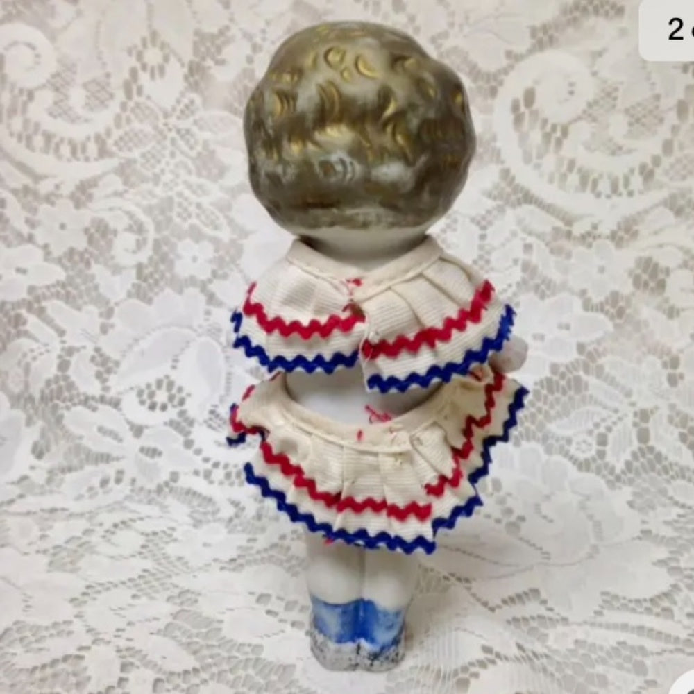Antique, Made in Japan 6.25in Bisque Googly-eyed Doll in Red, White n Blue Dres