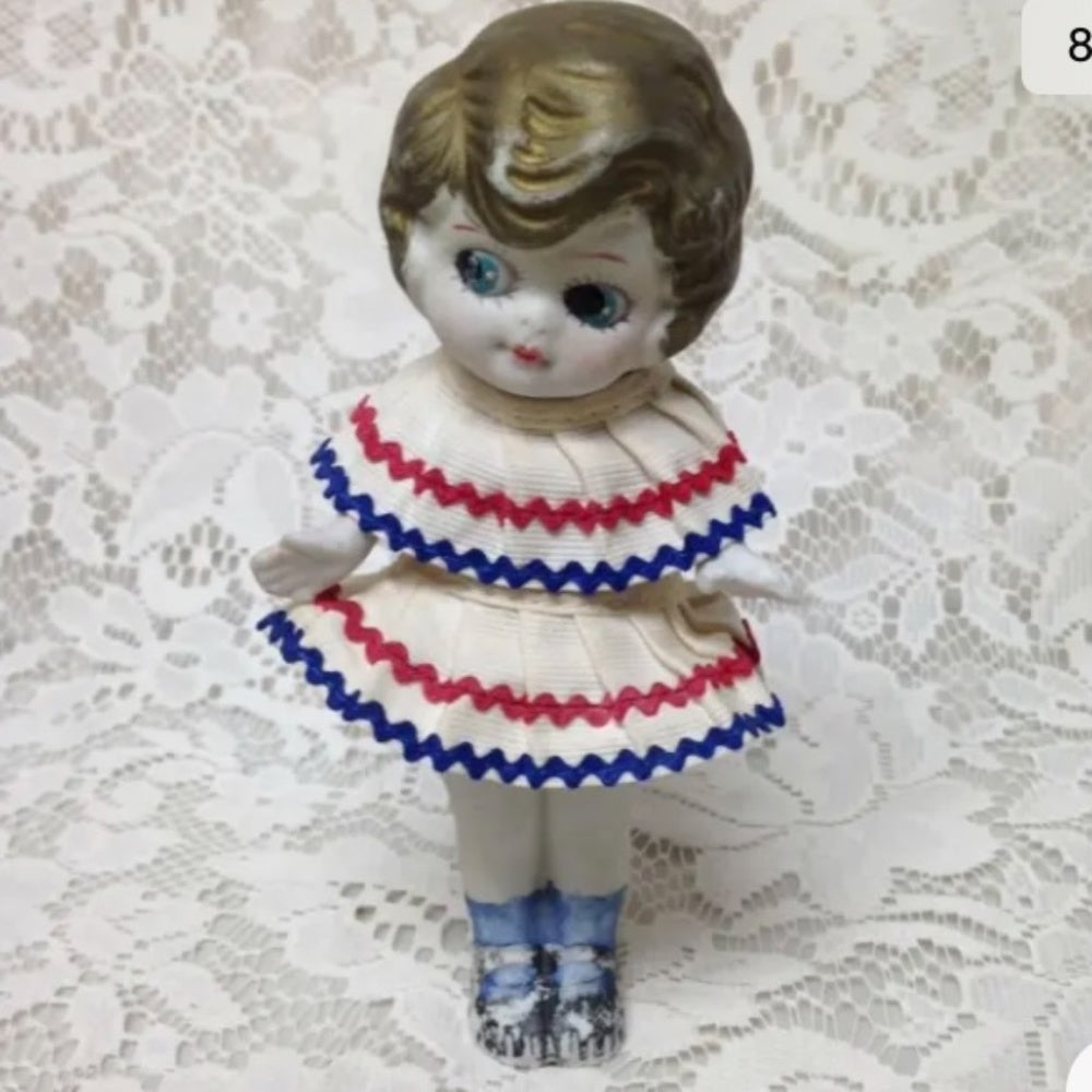 Antique, Made in Japan 6.25in Bisque Googly-eyed Doll in Red, White n Blue Dres