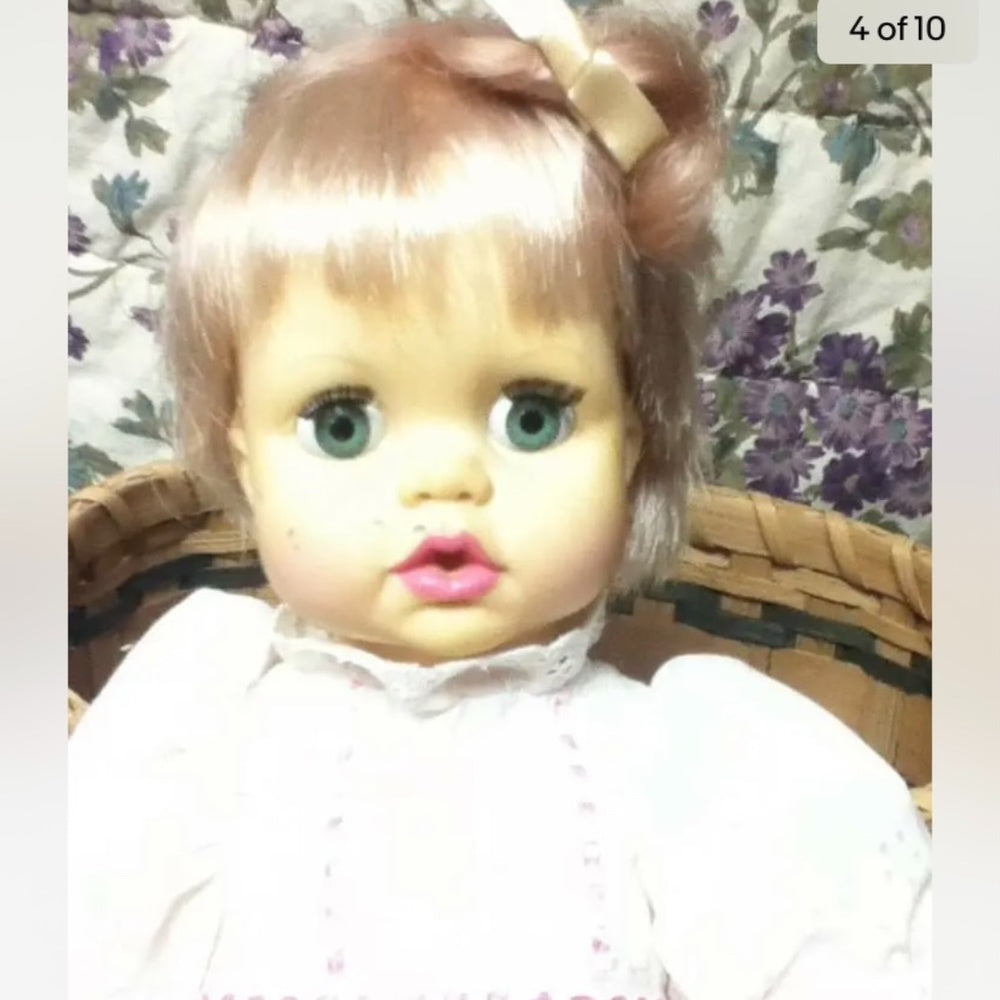 Vintage, 1971, 13in Ideal Blond Doll in Chip Wood Sleigh Bed