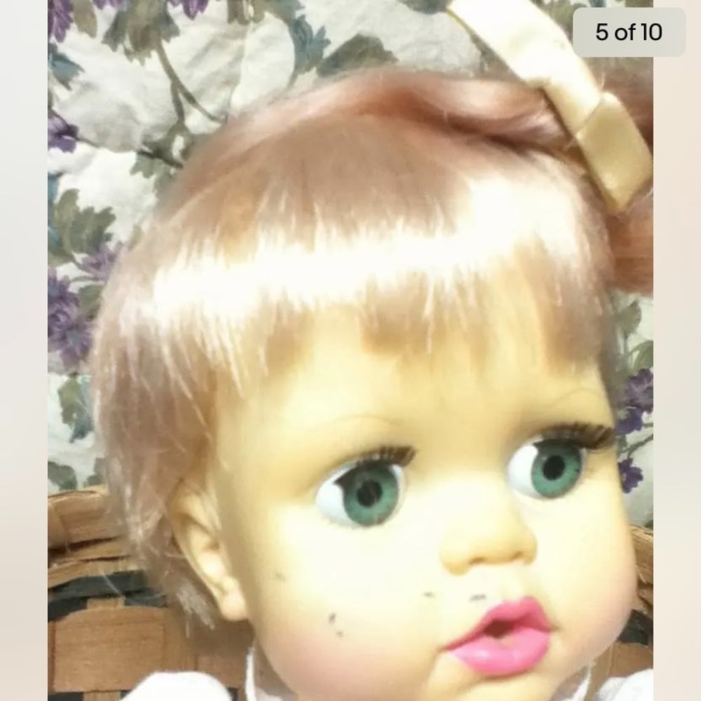 Vintage, 1971, 13in Ideal Blond Doll in Chip Wood Sleigh Bed
