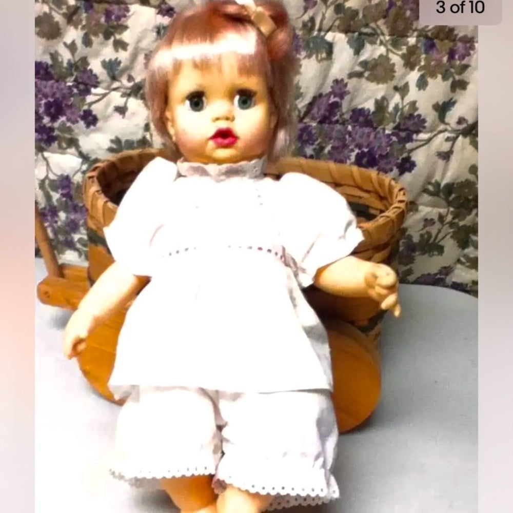 Vintage, 1971, 13in Ideal Blond Doll in Chip Wood Sleigh Bed