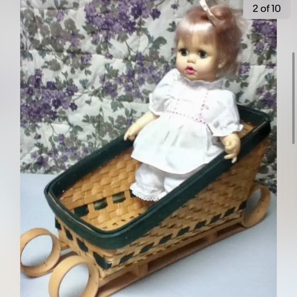 Vintage, 1971, 13in Ideal Blond Doll in Chip Wood Sleigh Bed